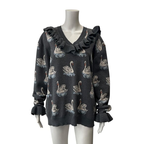 $945 Stella McCartney Gray Swan Intarsia Knit Ruffle Wool Sweater size IT 46/10 - Picture 1 of 8